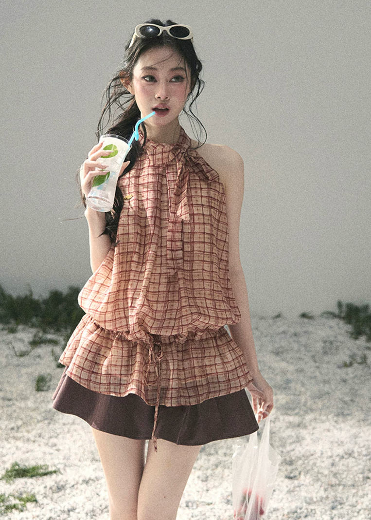 aomalm top, plaid halter top, feminine korean top, french style plaid blouse, summer halter blouse, waist drawstring top, tencel blend top, romantic summer top, vintage plaid top women, korean fashion blouse, soft vacation top, cute summer outfit