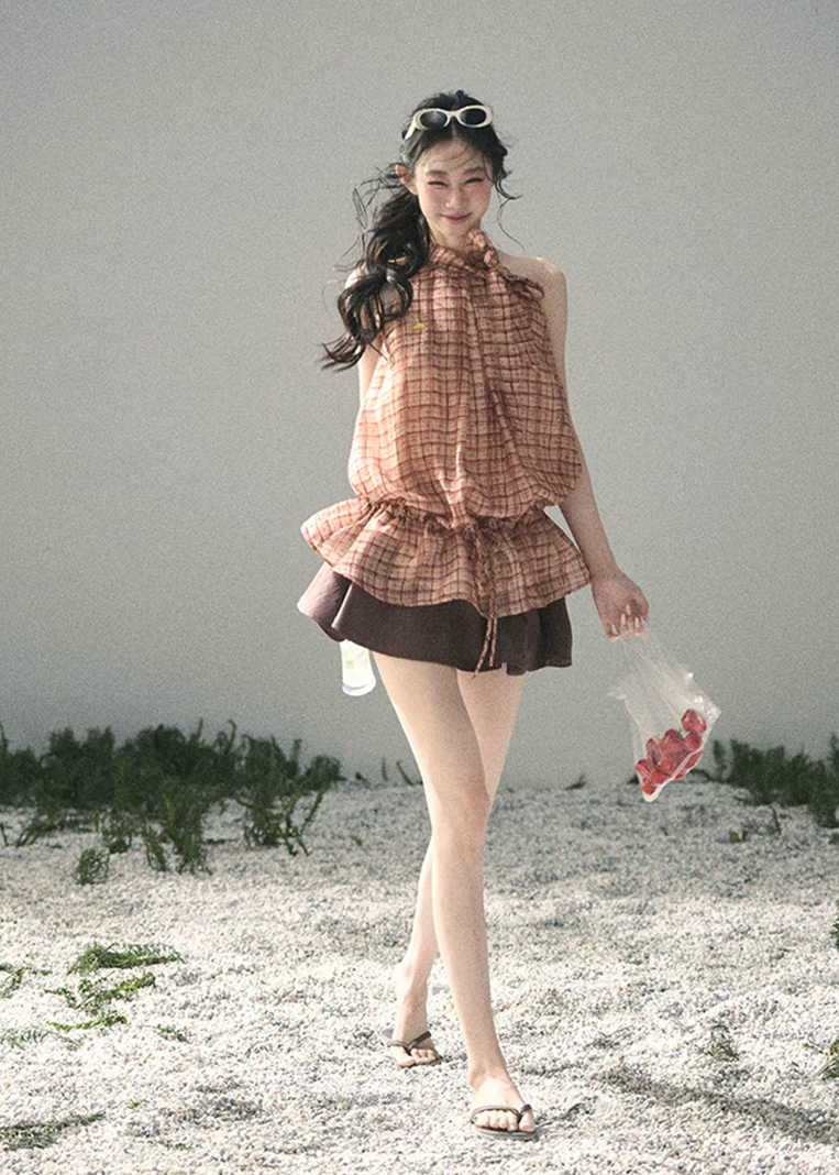 aomalm top, plaid halter top, feminine korean top, french style plaid blouse, summer halter blouse, waist drawstring top, tencel blend top, romantic summer top, vintage plaid top women, korean fashion blouse, soft vacation top, cute summer outfit