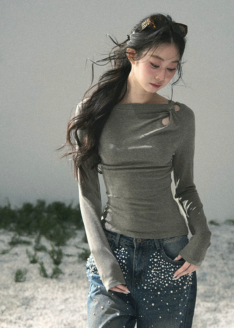 aomalm top, ruched long sleeve top, korean fashion top, slim fit spring top, shoulder cut out top, feminine korean blouse, soft stretch knit top, waist slimming top, elegant casual top, fitted grey top women, romantic spring outfit, modern korean style top