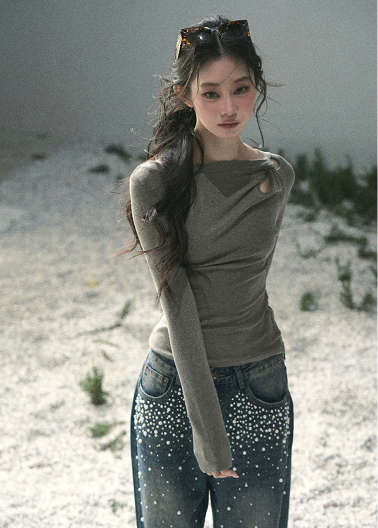 aomalm top, ruched long sleeve top, korean fashion top, slim fit spring top, shoulder cut out top, feminine korean blouse, soft stretch knit top, waist slimming top, elegant casual top, fitted grey top women, romantic spring outfit, modern korean style top