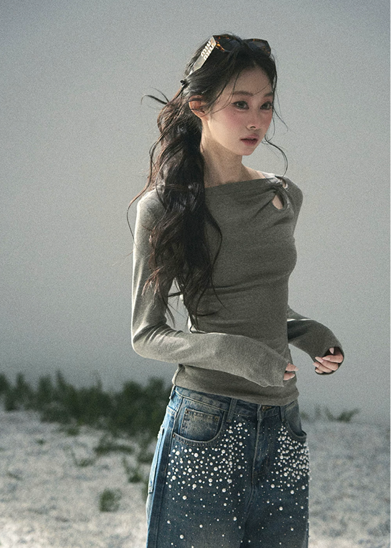 aomalm top, ruched long sleeve top, korean fashion top, slim fit spring top, shoulder cut out top, feminine korean blouse, soft stretch knit top, waist slimming top, elegant casual top, fitted grey top women, romantic spring outfit, modern korean style top