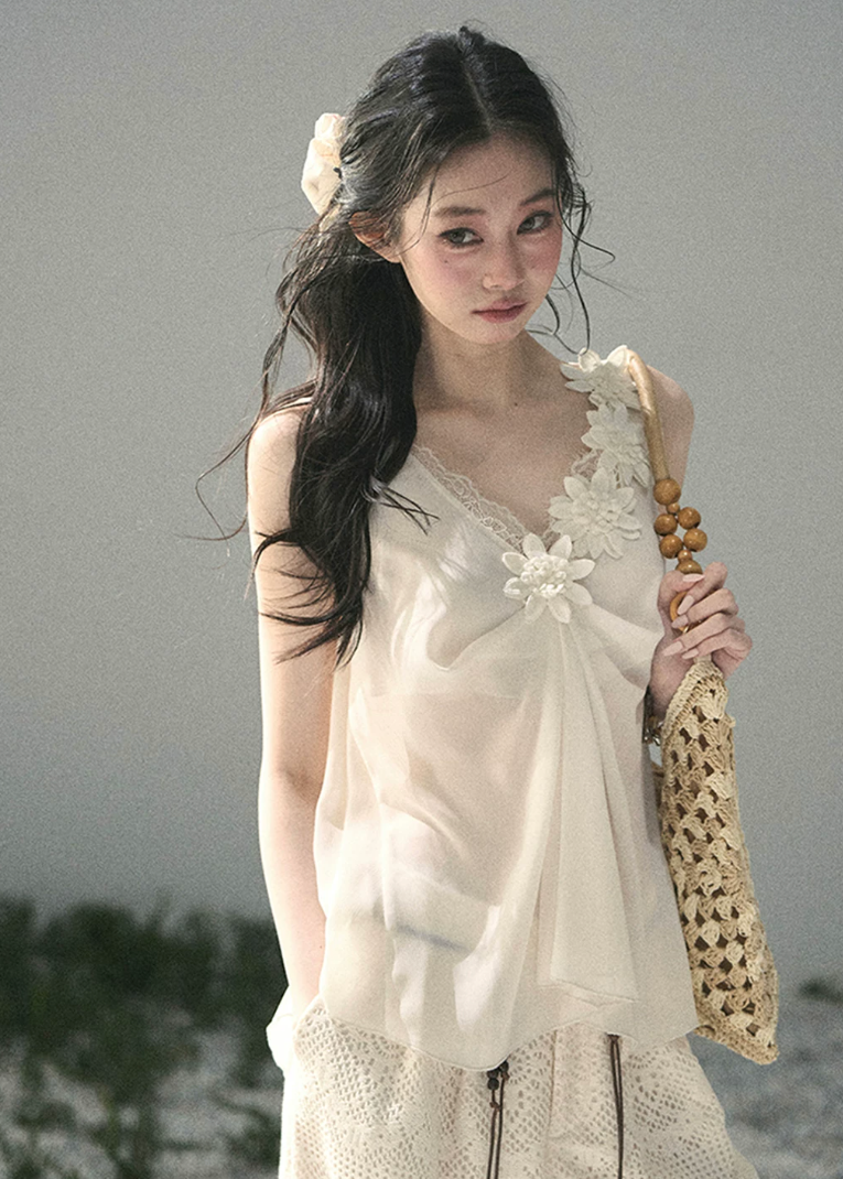 aomalm top, 3d flower top, french romantic blouse, feminine korean top, chiffon summer top, sheer lace top women, elegant sleeveless blouse, soft ivory top, summer vacation top, refined feminine outfit, korean fashion blouse, lightweight summer blouse