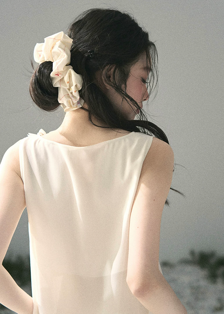 aomalm top, 3d flower top, french romantic blouse, feminine korean top, chiffon summer top, sheer lace top women, elegant sleeveless blouse, soft ivory top, summer vacation top, refined feminine outfit, korean fashion blouse, lightweight summer blouse