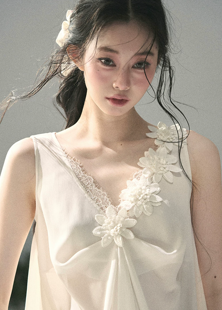 aomalm top, 3d flower top, french romantic blouse, feminine korean top, chiffon summer top, sheer lace top women, elegant sleeveless blouse, soft ivory top, summer vacation top, refined feminine outfit, korean fashion blouse, lightweight summer blouse