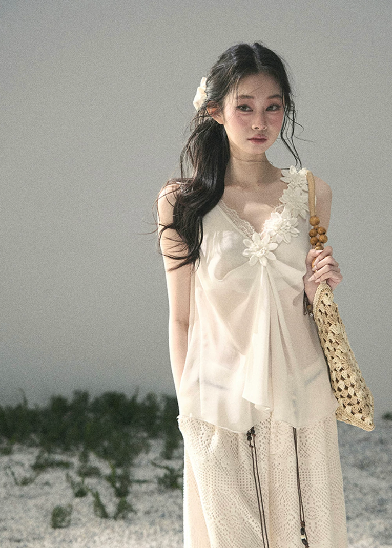 aomalm top, 3d flower top, french romantic blouse, feminine korean top, chiffon summer top, sheer lace top women, elegant sleeveless blouse, soft ivory top, summer vacation top, refined feminine outfit, korean fashion blouse, lightweight summer blouse
