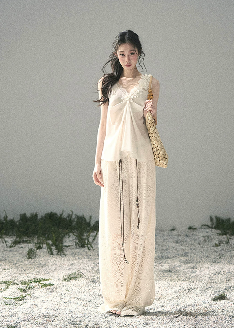 aomalm top, 3d flower top, french romantic blouse, feminine korean top, chiffon summer top, sheer lace top women, elegant sleeveless blouse, soft ivory top, summer vacation top, refined feminine outfit, korean fashion blouse, lightweight summer blouse