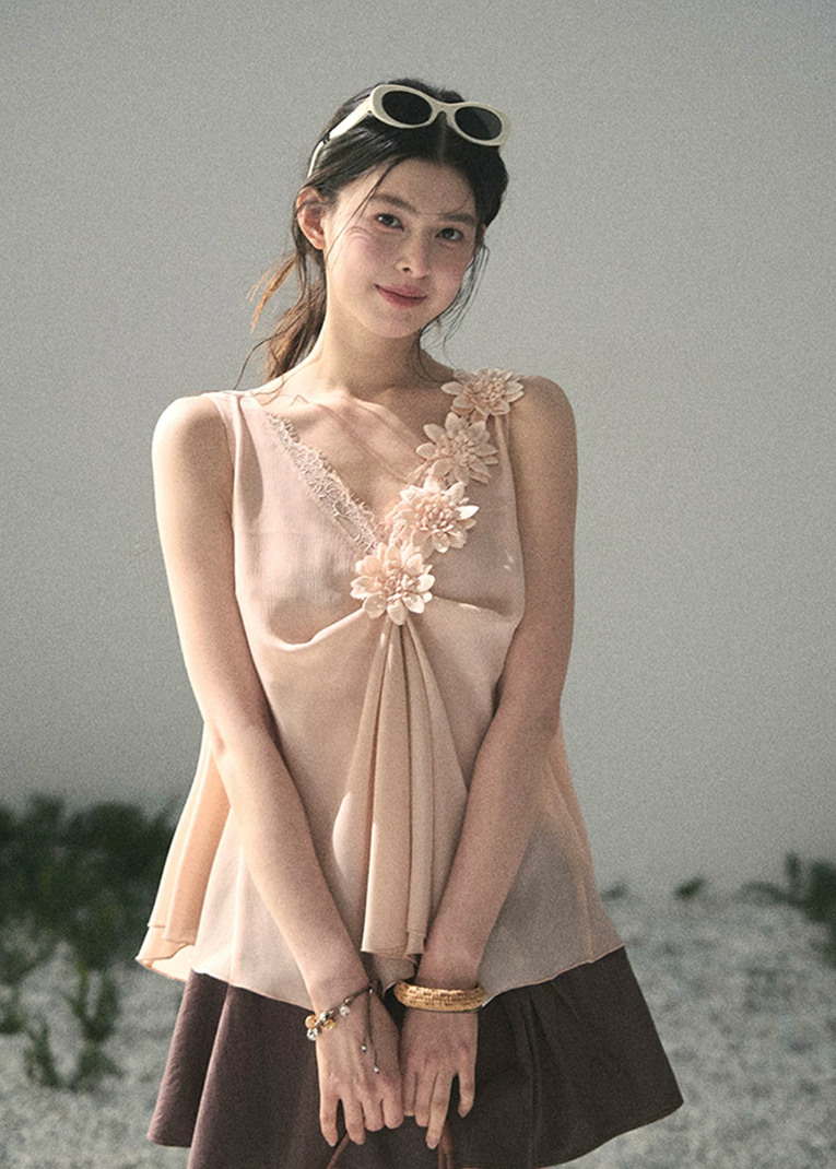 aomalm top, 3d flower top, french romantic blouse, feminine korean top, chiffon summer top, sheer lace top women, elegant sleeveless blouse, soft ivory top, summer vacation top, refined feminine outfit, korean fashion blouse, lightweight summer blouse
