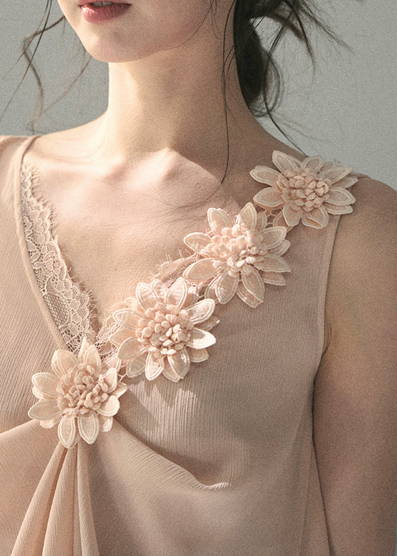 aomalm top, 3d flower top, french romantic blouse, feminine korean top, chiffon summer top, sheer lace top women, elegant sleeveless blouse, soft ivory top, summer vacation top, refined feminine outfit, korean fashion blouse, lightweight summer blouse