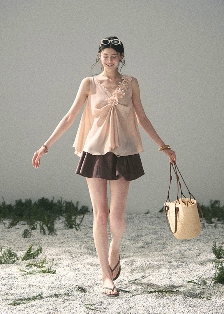 aomalm top, 3d flower top, french romantic blouse, feminine korean top, chiffon summer top, sheer lace top women, elegant sleeveless blouse, soft ivory top, summer vacation top, refined feminine outfit, korean fashion blouse, lightweight summer blouse