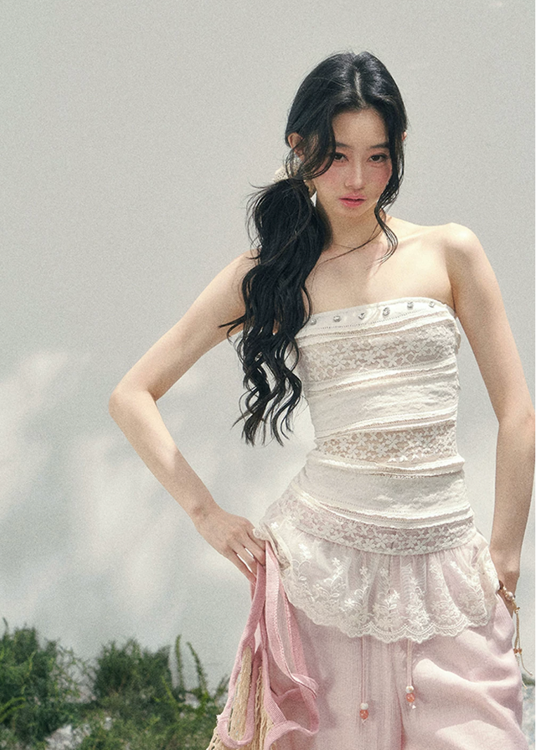 aomalm top, lace summer top, feminine korean top, peplum lace top, slim fit lace blouse, romantic summer top, sheer lace top women, korean fashion blouse, blush lace camisole, elegant summer outfit, soft girl summer top, fitted lace top women