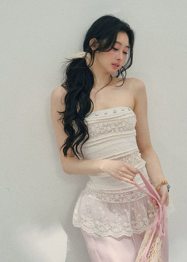 aomalm top, lace summer top, feminine korean top, peplum lace top, slim fit lace blouse, romantic summer top, sheer lace top women, korean fashion blouse, blush lace camisole, elegant summer outfit, soft girl summer top, fitted lace top women