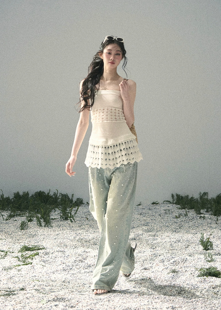 aomalm top, openwork knit top, feminine korean top, knit camisole top, suspender knit top, summer waist top, french style knit top, romantic summer top, slim fit knit blouse, lightweight summer knit, soft girl summer top, korean fashion top