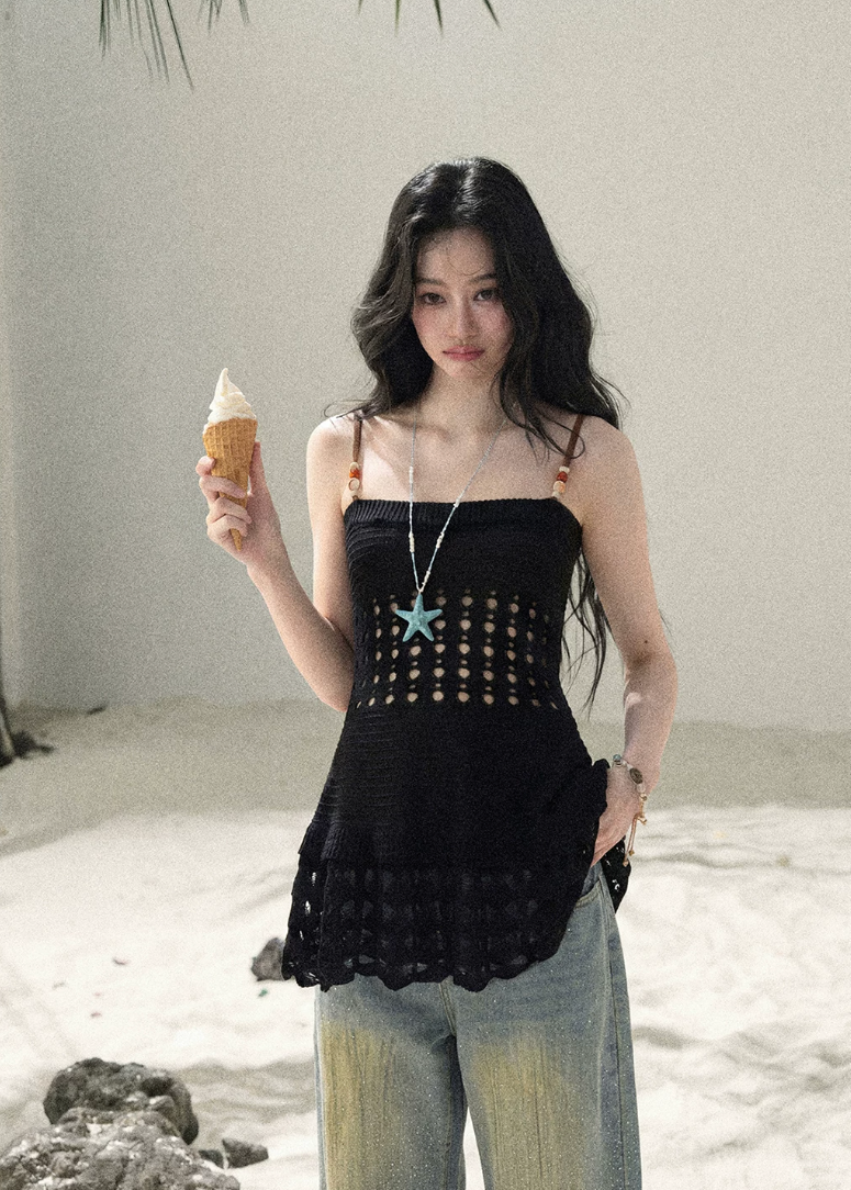 aomalm top, openwork knit top, feminine korean top, knit camisole top, suspender knit top, summer waist top, french style knit top, romantic summer top, slim fit knit blouse, lightweight summer knit, soft girl summer top, korean fashion top
