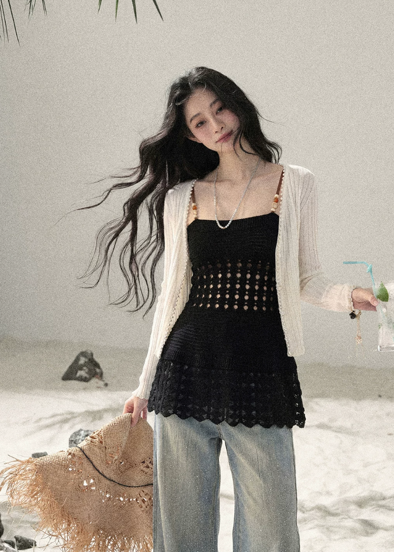 aomalm top, openwork knit top, feminine korean top, knit camisole top, suspender knit top, summer waist top, french style knit top, romantic summer top, slim fit knit blouse, lightweight summer knit, soft girl summer top, korean fashion top