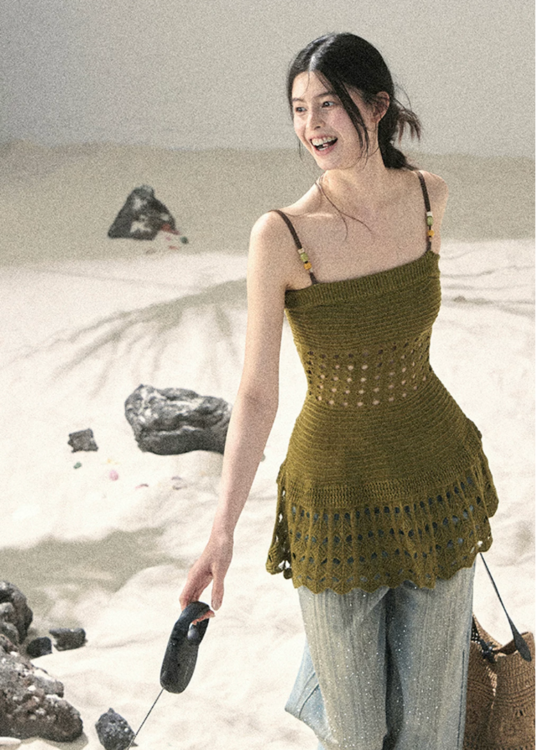 aomalm top, openwork knit top, feminine korean top, knit camisole top, suspender knit top, summer waist top, french style knit top, romantic summer top, slim fit knit blouse, lightweight summer knit, soft girl summer top, korean fashion top