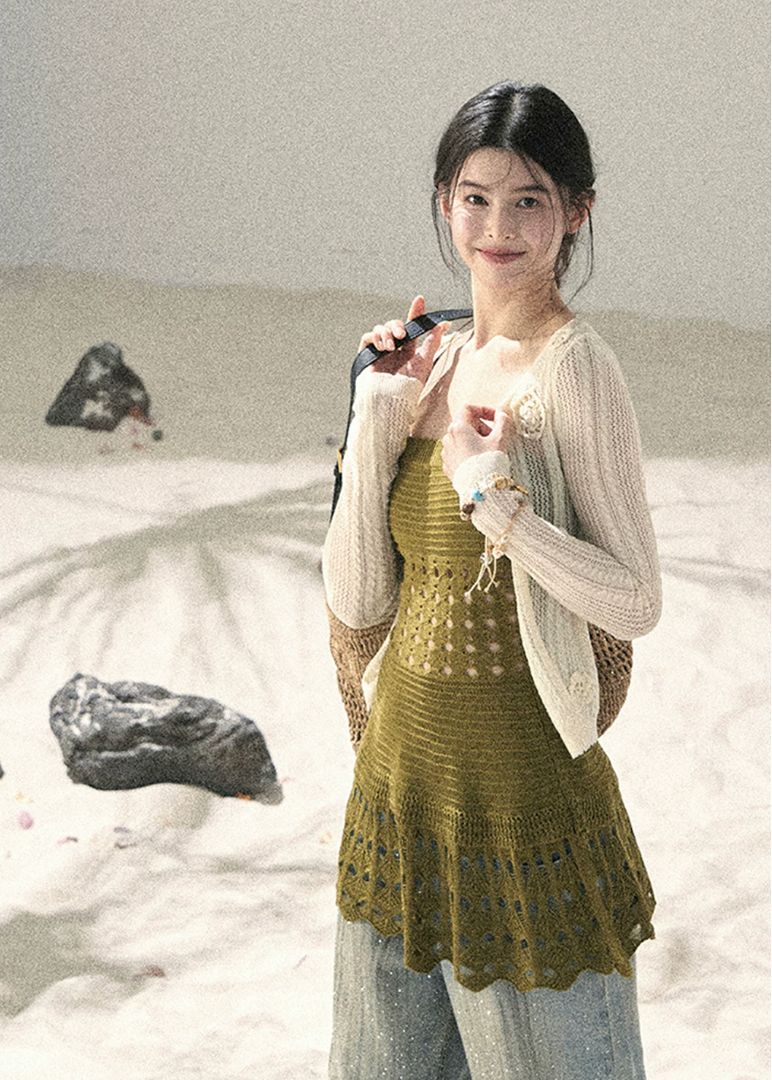 aomalm top, openwork knit top, feminine korean top, knit camisole top, suspender knit top, summer waist top, french style knit top, romantic summer top, slim fit knit blouse, lightweight summer knit, soft girl summer top, korean fashion top
