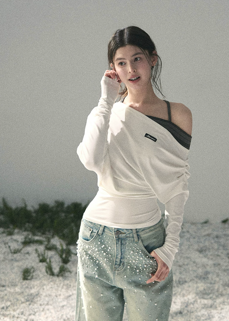 aomalm top, off shoulder knit top, korean fashion top, layered halter top, long sleeve summer top, waist cinching top, feminine korean blouse, soft drape top, elegant casual top, spring knit top, slim fit long sleeve top, romantic korean outfit