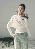 aomalm top, off shoulder knit top, korean fashion top, layered halter top, long sleeve summer top, waist cinching top, feminine korean blouse, soft drape top, elegant casual top, spring knit top, slim fit long sleeve top, romantic korean outfit