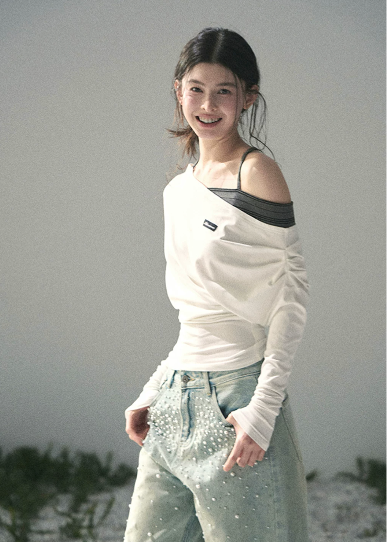 aomalm top, off shoulder knit top, korean fashion top, layered halter top, long sleeve summer top, waist cinching top, feminine korean blouse, soft drape top, elegant casual top, spring knit top, slim fit long sleeve top, romantic korean outfit
