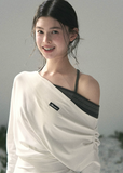 aomalm top, off shoulder knit top, korean fashion top, layered halter top, long sleeve summer top, waist cinching top, feminine korean blouse, soft drape top, elegant casual top, spring knit top, slim fit long sleeve top, romantic korean outfit