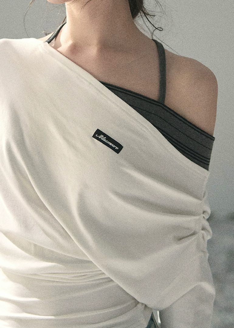 aomalm top, off shoulder knit top, korean fashion top, layered halter top, long sleeve summer top, waist cinching top, feminine korean blouse, soft drape top, elegant casual top, spring knit top, slim fit long sleeve top, romantic korean outfit