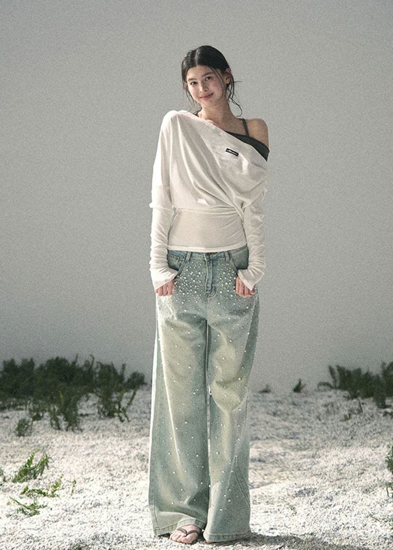 aomalm top, off shoulder knit top, korean fashion top, layered halter top, long sleeve summer top, waist cinching top, feminine korean blouse, soft drape top, elegant casual top, spring knit top, slim fit long sleeve top, romantic korean outfit
