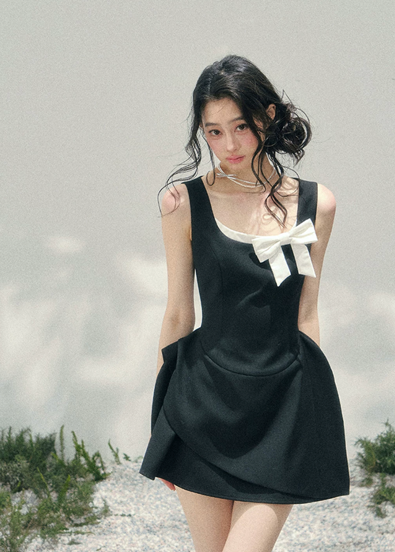 French Contrast Bow Mini Dress – nowa