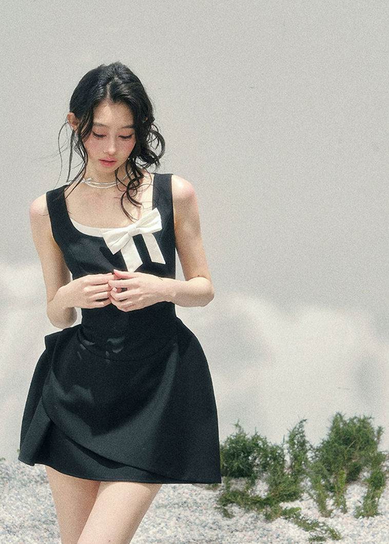 aomalm dress, french mini dress, contrast bow dress, sleeveless mini dress, korean feminine dress, fit and flare dress, black mini dress women, romantic spring dress, elegant short dress, korean style dress, feminine party dress, chic day dress