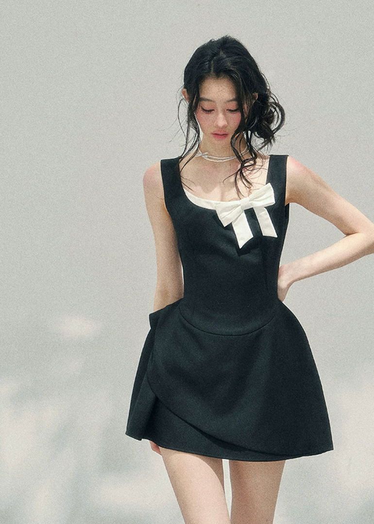 aomalm dress, french mini dress, contrast bow dress, sleeveless mini dress, korean feminine dress, fit and flare dress, black mini dress women, romantic spring dress, elegant short dress, korean style dress, feminine party dress, chic day dress