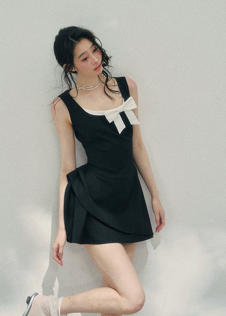 aomalm dress, french mini dress, contrast bow dress, sleeveless mini dress, korean feminine dress, fit and flare dress, black mini dress women, romantic spring dress, elegant short dress, korean style dress, feminine party dress, chic day dress