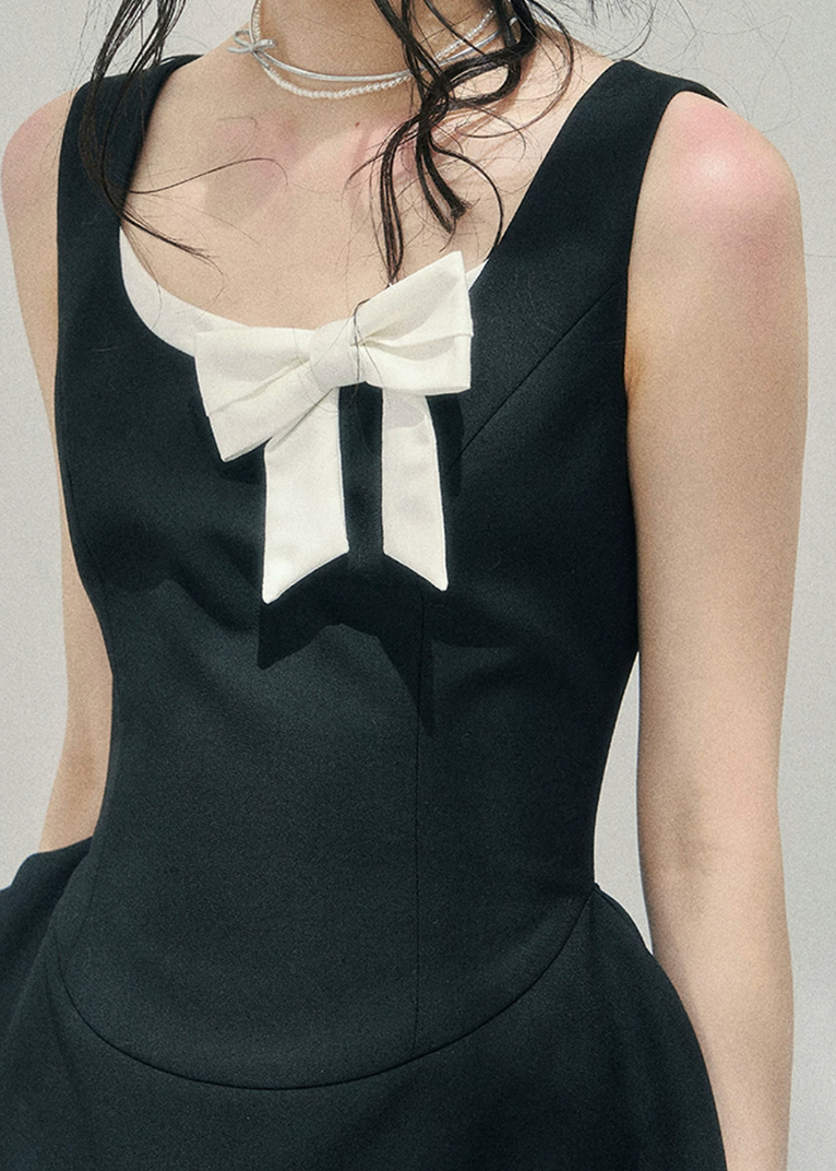 aomalm dress, french mini dress, contrast bow dress, sleeveless mini dress, korean feminine dress, fit and flare dress, black mini dress women, romantic spring dress, elegant short dress, korean style dress, feminine party dress, chic day dress