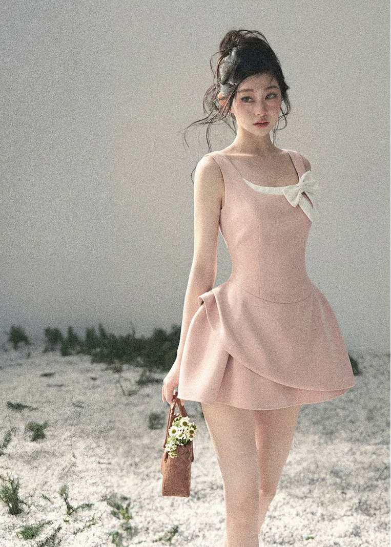 aomalm dress, french mini dress, contrast bow dress, sleeveless mini dress, korean feminine dress, fit and flare dress, black mini dress women, romantic spring dress, elegant short dress, korean style dress, feminine party dress, chic day dress