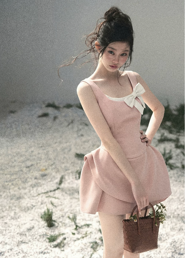 aomalm dress, french mini dress, contrast bow dress, sleeveless mini dress, korean feminine dress, fit and flare dress, black mini dress women, romantic spring dress, elegant short dress, korean style dress, feminine party dress, chic day dress