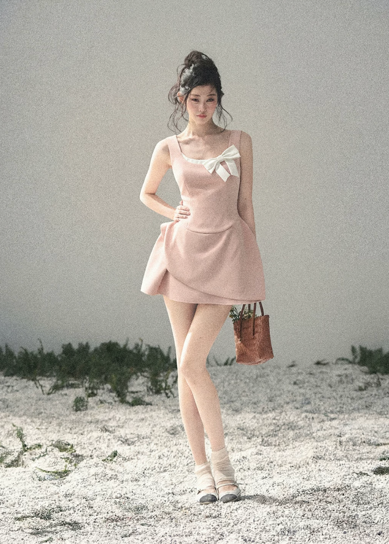 aomalm dress, french mini dress, contrast bow dress, sleeveless mini dress, korean feminine dress, fit and flare dress, black mini dress women, romantic spring dress, elegant short dress, korean style dress, feminine party dress, chic day dress