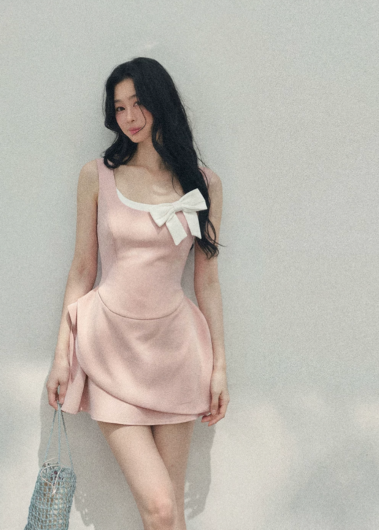 aomalm dress, french mini dress, contrast bow dress, sleeveless mini dress, korean feminine dress, fit and flare dress, black mini dress women, romantic spring dress, elegant short dress, korean style dress, feminine party dress, chic day dress