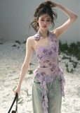 aomalm top, lace halter top, floral lace summer top, feminine korean top, purple lace blouse, asymmetric halter top, romantic summer top, sheer lace top women, french inspired top, slim fit summer blouse, elegant going out top, korean fashion top