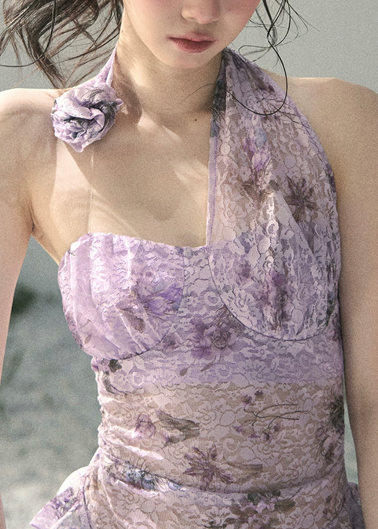 aomalm top, lace halter top, floral lace summer top, feminine korean top, purple lace blouse, asymmetric halter top, romantic summer top, sheer lace top women, french inspired top, slim fit summer blouse, elegant going out top, korean fashion top