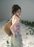 aomalm top, lace halter top, floral lace summer top, feminine korean top, purple lace blouse, asymmetric halter top, romantic summer top, sheer lace top women, french inspired top, slim fit summer blouse, elegant going out top, korean fashion top