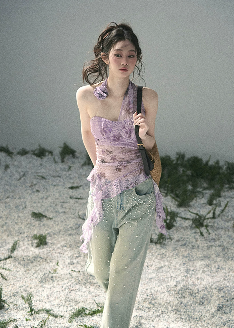 aomalm top, lace halter top, floral lace summer top, feminine korean top, purple lace blouse, asymmetric halter top, romantic summer top, sheer lace top women, french inspired top, slim fit summer blouse, elegant going out top, korean fashion top