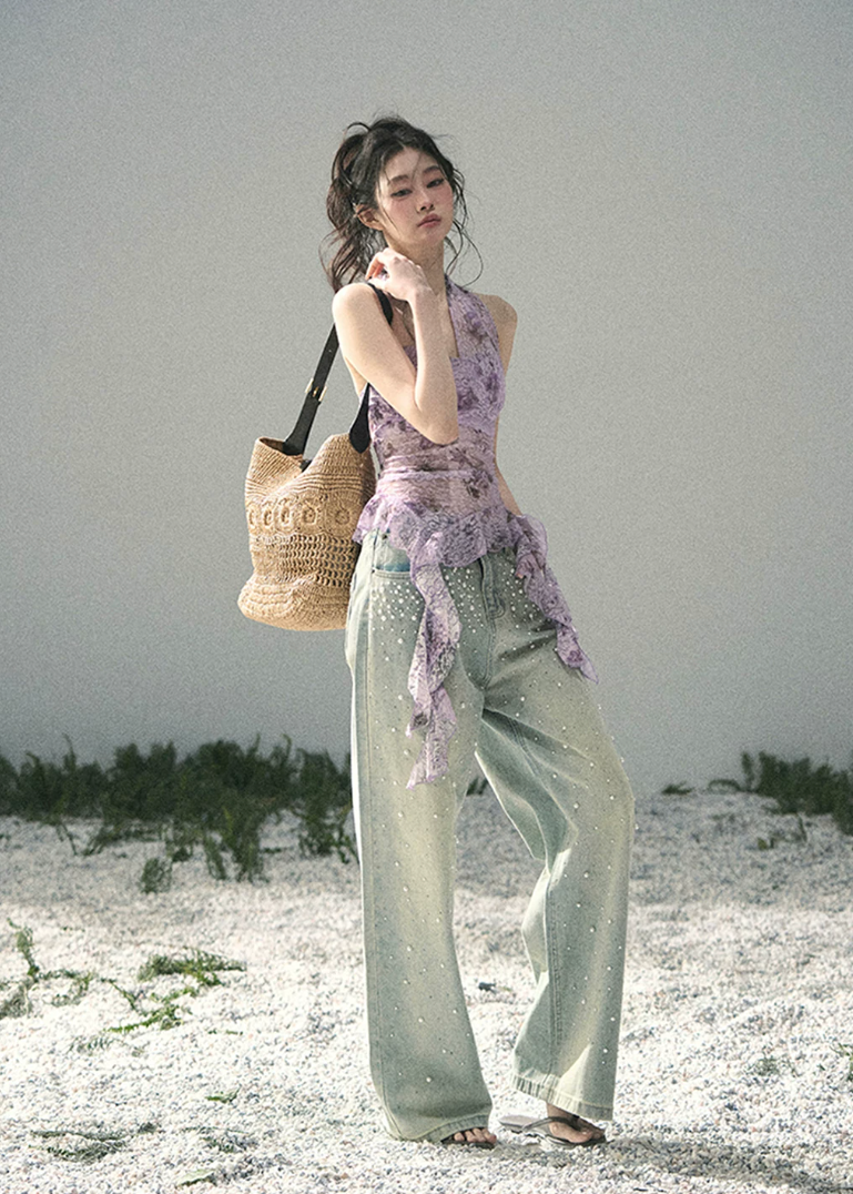 aomalm top, lace halter top, floral lace summer top, feminine korean top, purple lace blouse, asymmetric halter top, romantic summer top, sheer lace top women, french inspired top, slim fit summer blouse, elegant going out top, korean fashion top