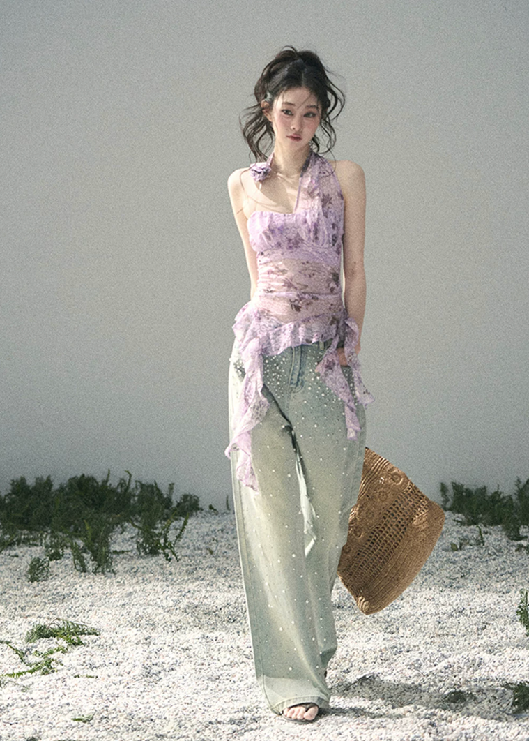 aomalm top, lace halter top, floral lace summer top, feminine korean top, purple lace blouse, asymmetric halter top, romantic summer top, sheer lace top women, french inspired top, slim fit summer blouse, elegant going out top, korean fashion top