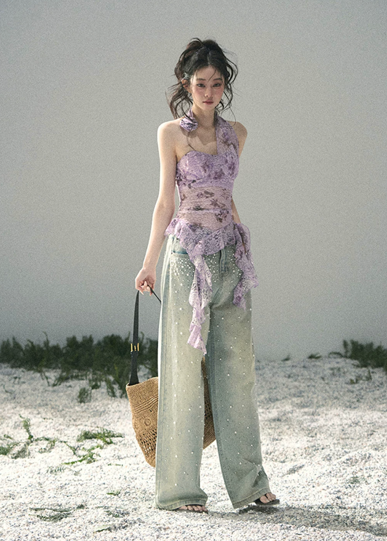 aomalm top, lace halter top, floral lace summer top, feminine korean top, purple lace blouse, asymmetric halter top, romantic summer top, sheer lace top women, french inspired top, slim fit summer blouse, elegant going out top, korean fashion top
