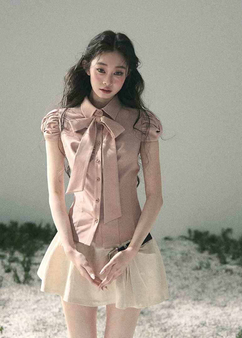 aomalm blouse, bow blouse women, puff sleeve blouse, feminine korean top, french style shirt, pink bow shirt, romantic summer blouse, tailored feminine top, waist slimming blouse, elegant korean fashion top, soft office blouse, pretty summer top