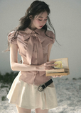 aomalm blouse, bow blouse women, puff sleeve blouse, feminine korean top, french style shirt, pink bow shirt, romantic summer blouse, tailored feminine top, waist slimming blouse, elegant korean fashion top, soft office blouse, pretty summer top