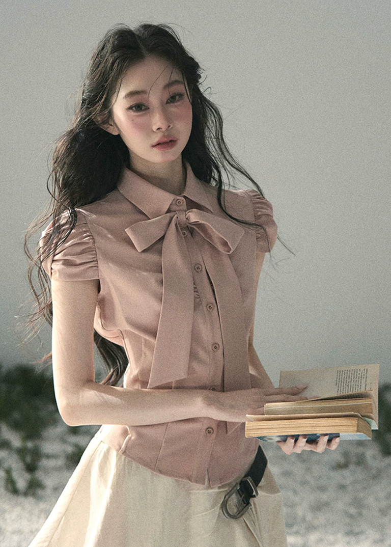 aomalm blouse, bow blouse women, puff sleeve blouse, feminine korean top, french style shirt, pink bow shirt, romantic summer blouse, tailored feminine top, waist slimming blouse, elegant korean fashion top, soft office blouse, pretty summer top