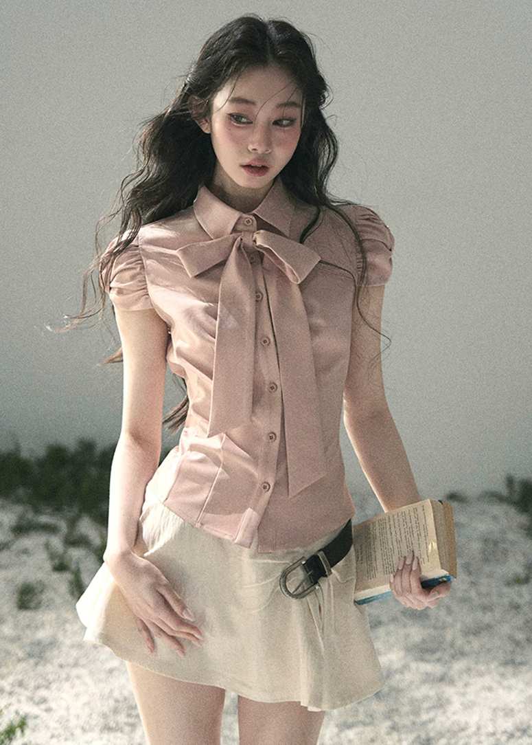 aomalm blouse, bow blouse women, puff sleeve blouse, feminine korean top, french style shirt, pink bow shirt, romantic summer blouse, tailored feminine top, waist slimming blouse, elegant korean fashion top, soft office blouse, pretty summer top