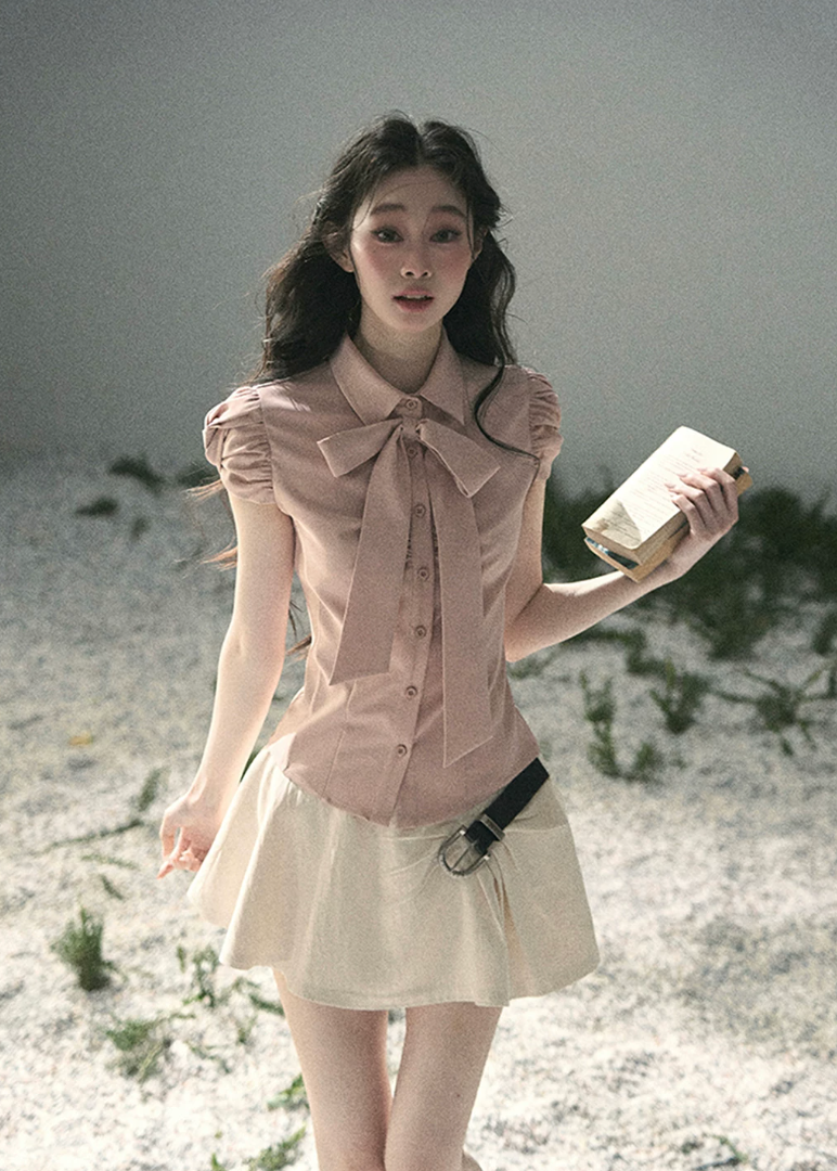aomalm blouse, bow blouse women, puff sleeve blouse, feminine korean top, french style shirt, pink bow shirt, romantic summer blouse, tailored feminine top, waist slimming blouse, elegant korean fashion top, soft office blouse, pretty summer top