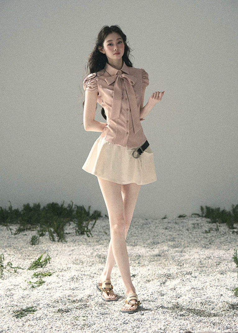 aomalm blouse, bow blouse women, puff sleeve blouse, feminine korean top, french style shirt, pink bow shirt, romantic summer blouse, tailored feminine top, waist slimming blouse, elegant korean fashion top, soft office blouse, pretty summer top