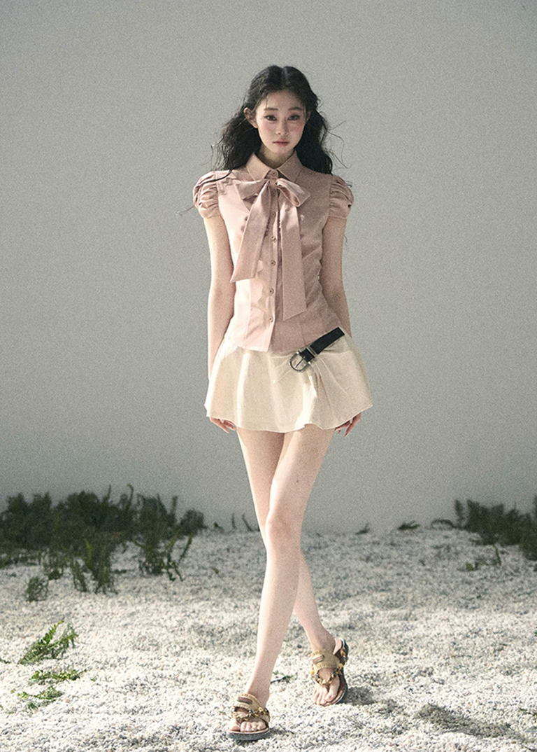 aomalm blouse, bow blouse women, puff sleeve blouse, feminine korean top, french style shirt, pink bow shirt, romantic summer blouse, tailored feminine top, waist slimming blouse, elegant korean fashion top, soft office blouse, pretty summer top