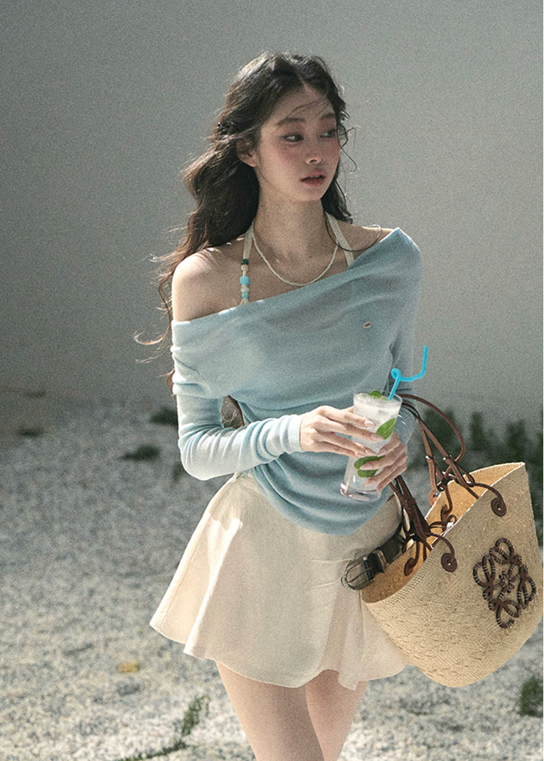 aomalm top, off shoulder top, halter layered top, korean fashion top, lyocell long sleeve top, feminine spring top, slim fit off shoulder blouse, romantic korean outfit, soft blue top women, fake two piece top, elegant casual top, spring summer top women